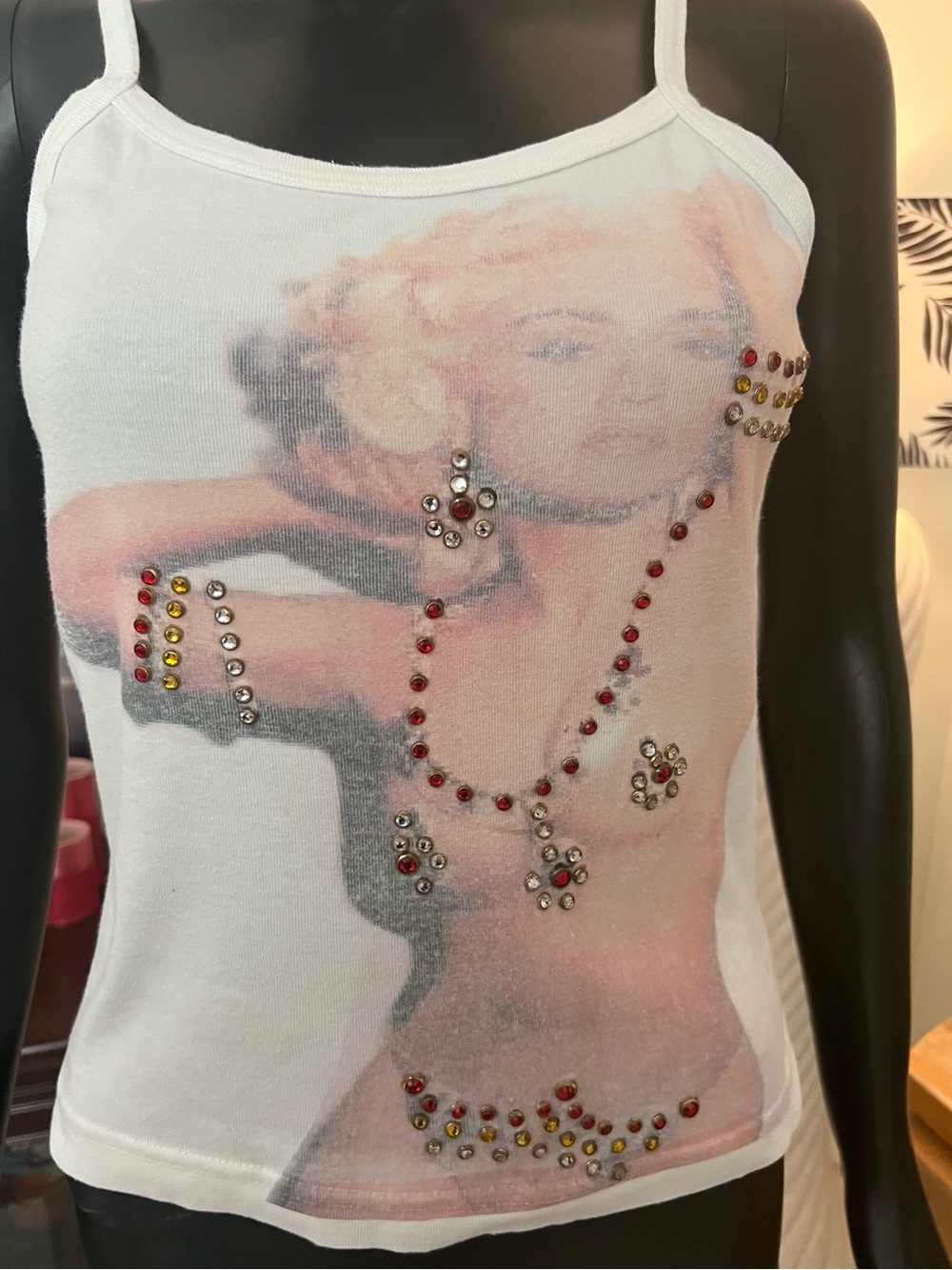 Unique Vintage Y2K Rhinestone-Embellished MADONNA Graphic Cami Tank